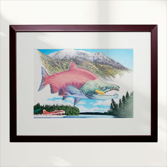 Original drawing of "First Snow and Sockeye Salmon" in Alaska